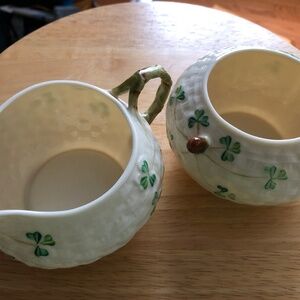 Belleek basket weave sugar bowl and creamer set